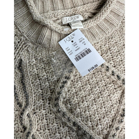 J Crew Beaded Cable Knit Sweater Womens M Merino Wool Blend Beige NWT $128 - Picture 4 of 6